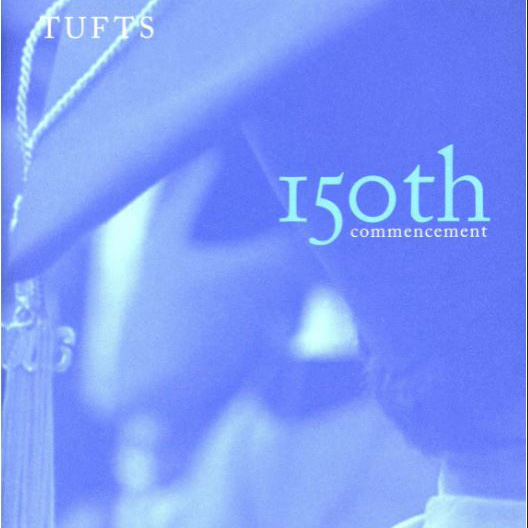 The cover of a commencement program. It is the image of the back of a graduate's head, wearing a motorboard, in shades of blue. The text on the cover reads "Tufts" and "150th commencement"