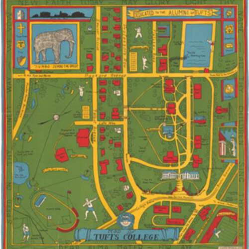 1929 stylized map of the Tufts University Medford Campsu drawn in green, gold, red, and blue