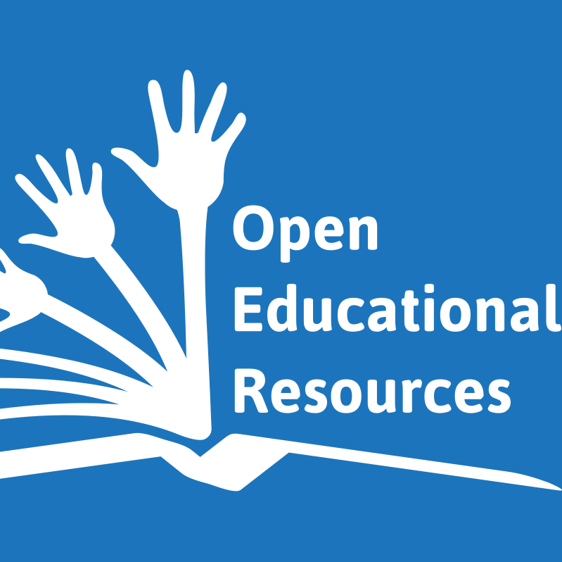 Open Educational Resources logo in white on blue background, with drawing of hands coming out of a book.