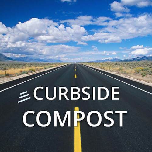 Section of a cover slide to a presentation on "Curbside Compost", with image of road and sky in the background.