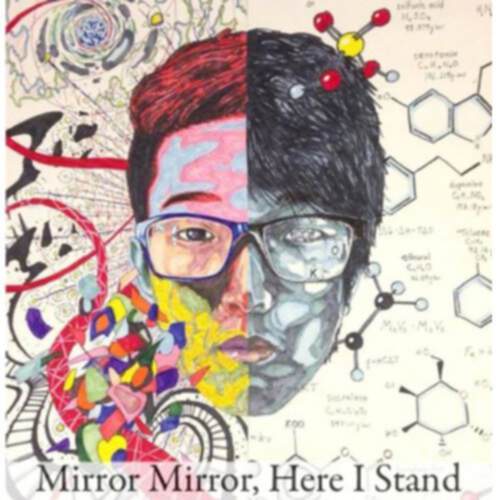 The cover of Voices Spring 2014 showing the portrait of an Asian person. The background of the portrait is split down the center. One side depicts art and artistic pursuits. The other side shows chemistry diagrams and notes.