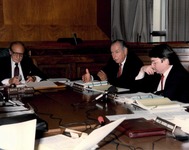 David F. Linowes, Chairman of President Reagan's Commission on Privitization, Walter B. Wriston, and Richard H. Fink at a meeting of the Commission of Privitization, ca. 1987, 2008