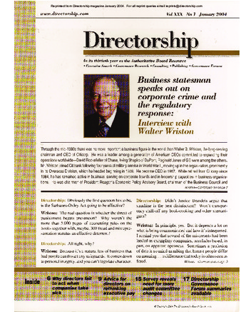 Business Statesman Speaks Out on Corporate Crime and the Regulatory Response: Interview with Walter Wriston by [Unknown Author], Directorship, 2004-01