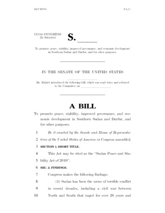 A Bill to promote peace, stability, improved governance, and economic development in Southern Sudan and Darfur, and for other purposes, 2010-03-04
