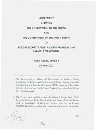 Agreement between the Government og the Sudan and the Government of Southern Sudan on Boarder Security and the Joint Political and Security Mechanism, 2011-06-29