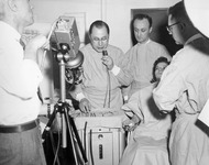 Dr. Irving Glickman demonstrates closed-circuit television to Tufts alumni, 1960