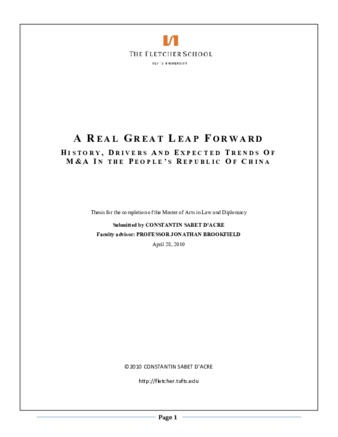 A Real Great Leap Forward: History, Drivers And Expected Trends Of M&A In The People's Republic Of China, 2010